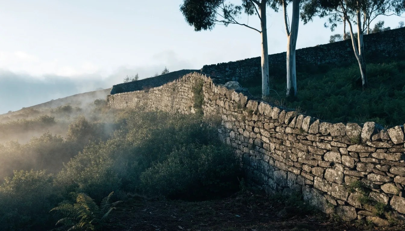 Ladera gallega con niebla baja, eucaliptos y un muro de piedra entre el verde