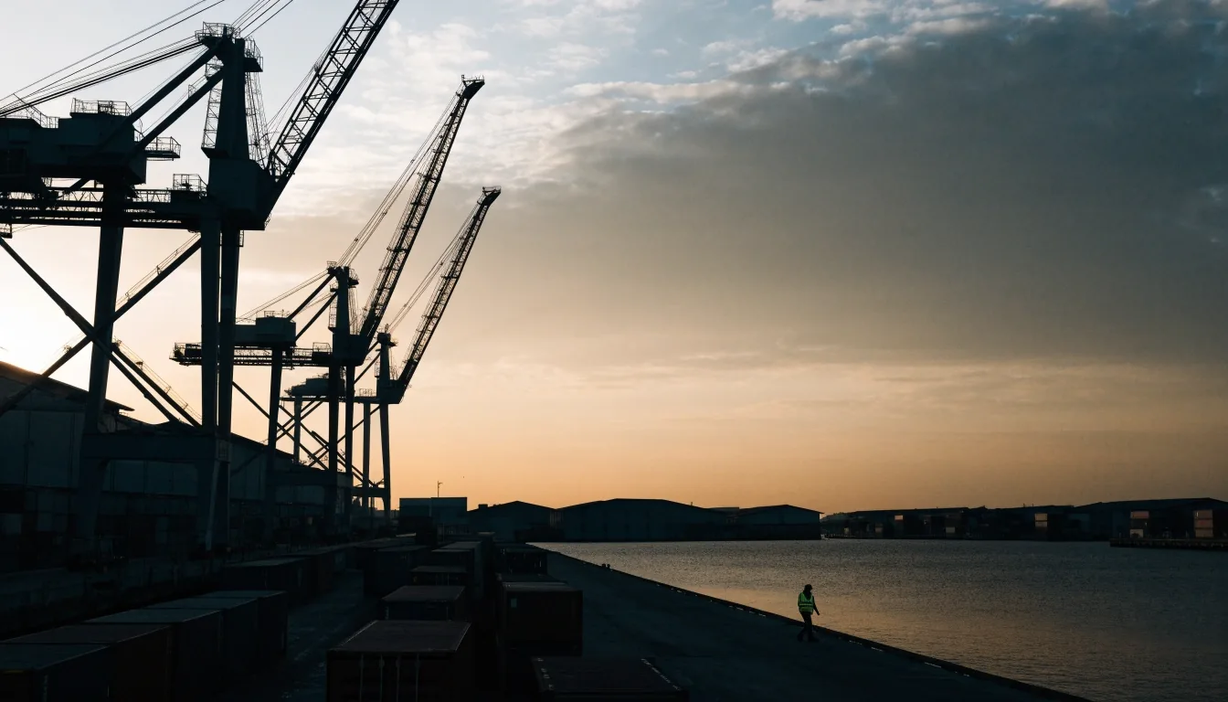 Amanecer en un puerto del norte de Europa, con grúas y naves bajas sobre el agua