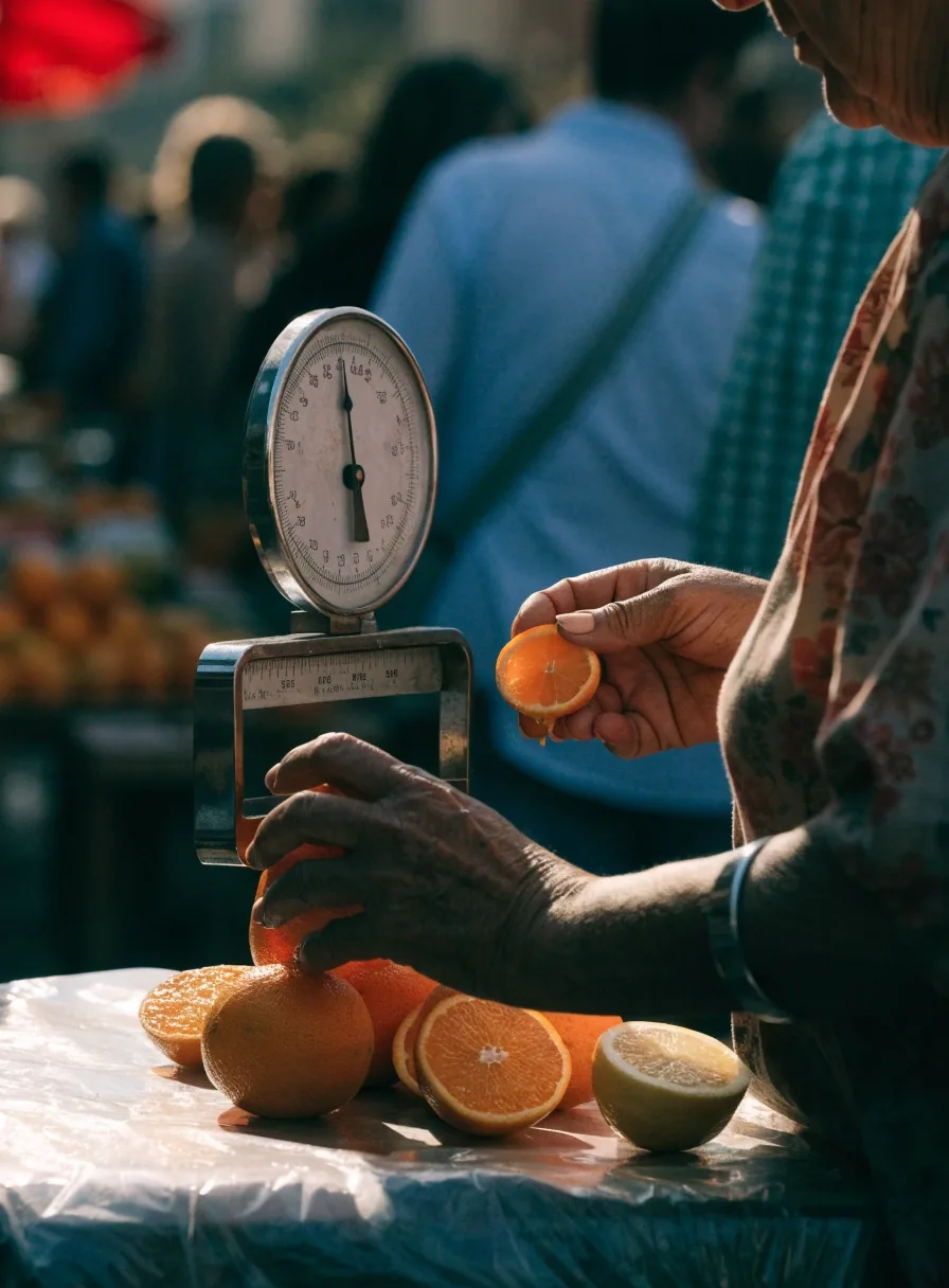 Puesto de fruta en un mercado de barrio a primera hora de la mañana