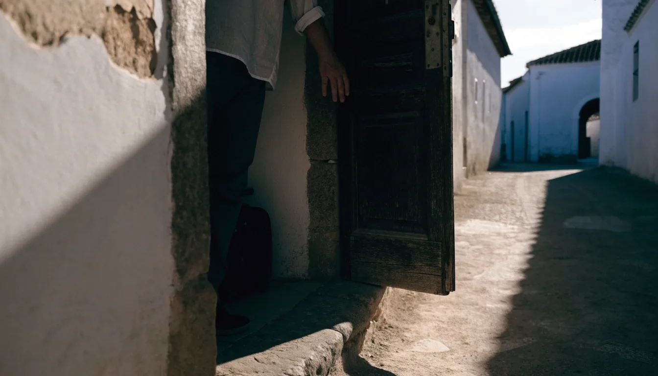 Fachada encalada de un pueblo del interior con contraventanas de madera y un umbral de piedra gastado bajo luz de mañana