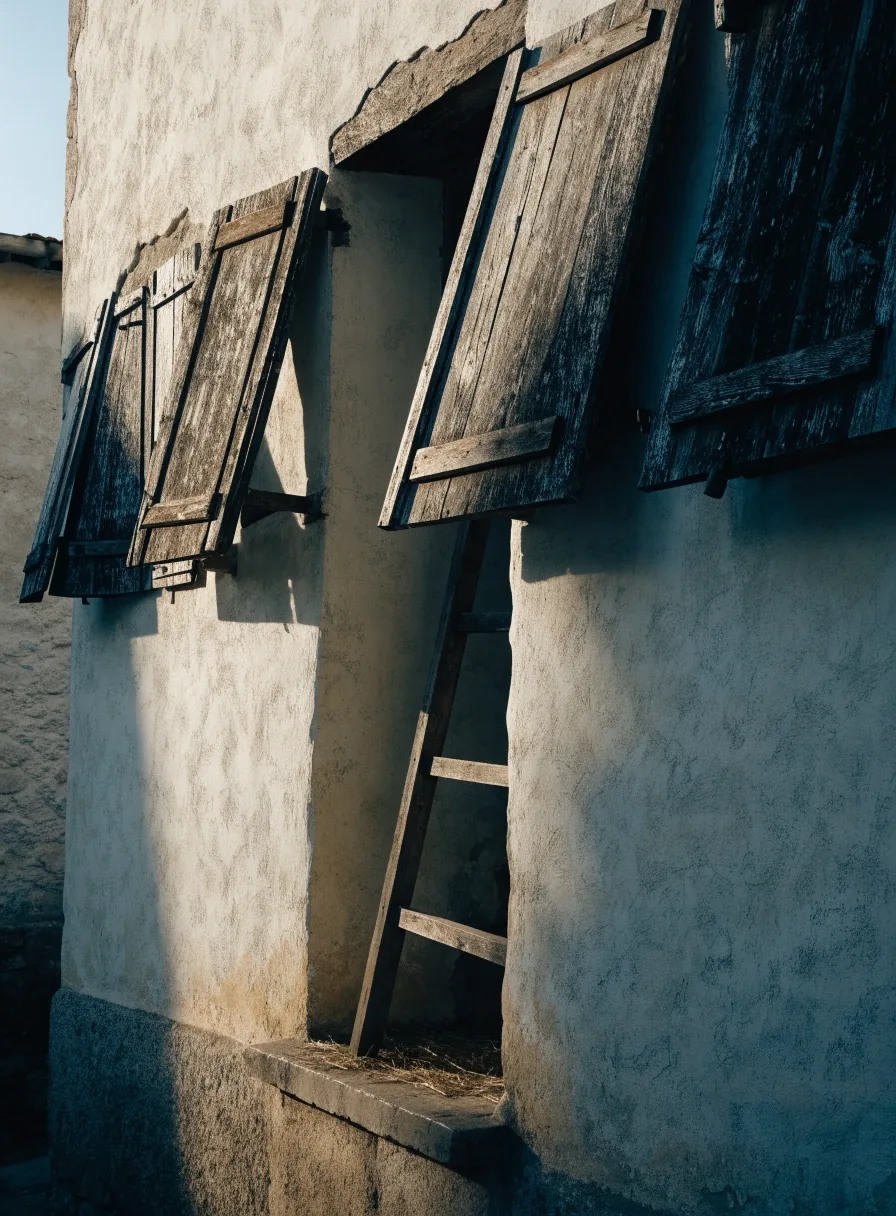Fachada encalada de un pueblo español con contraventanas de madera y piedra desgastada en el umbral