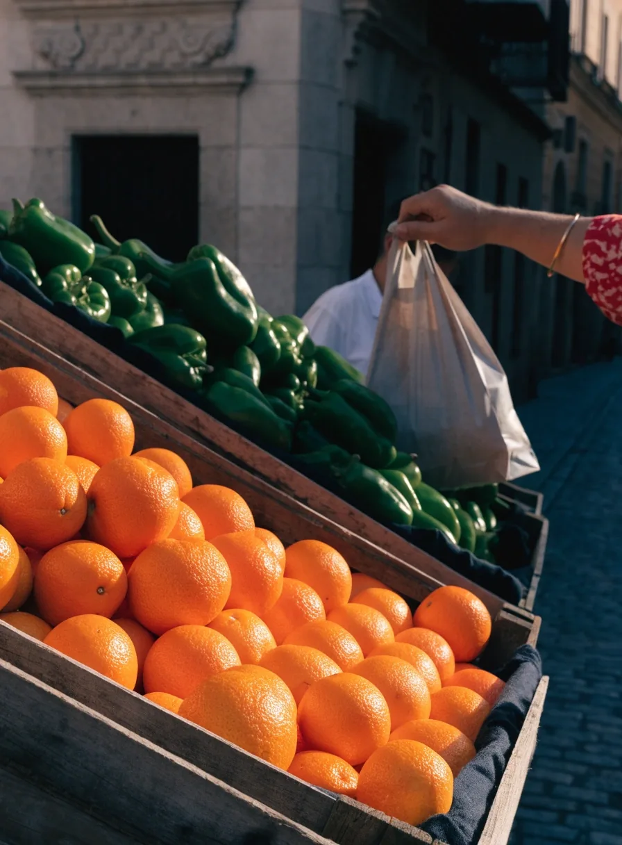 Puesto de mercado de fruta y verdura en una ciudad española durante la mañana