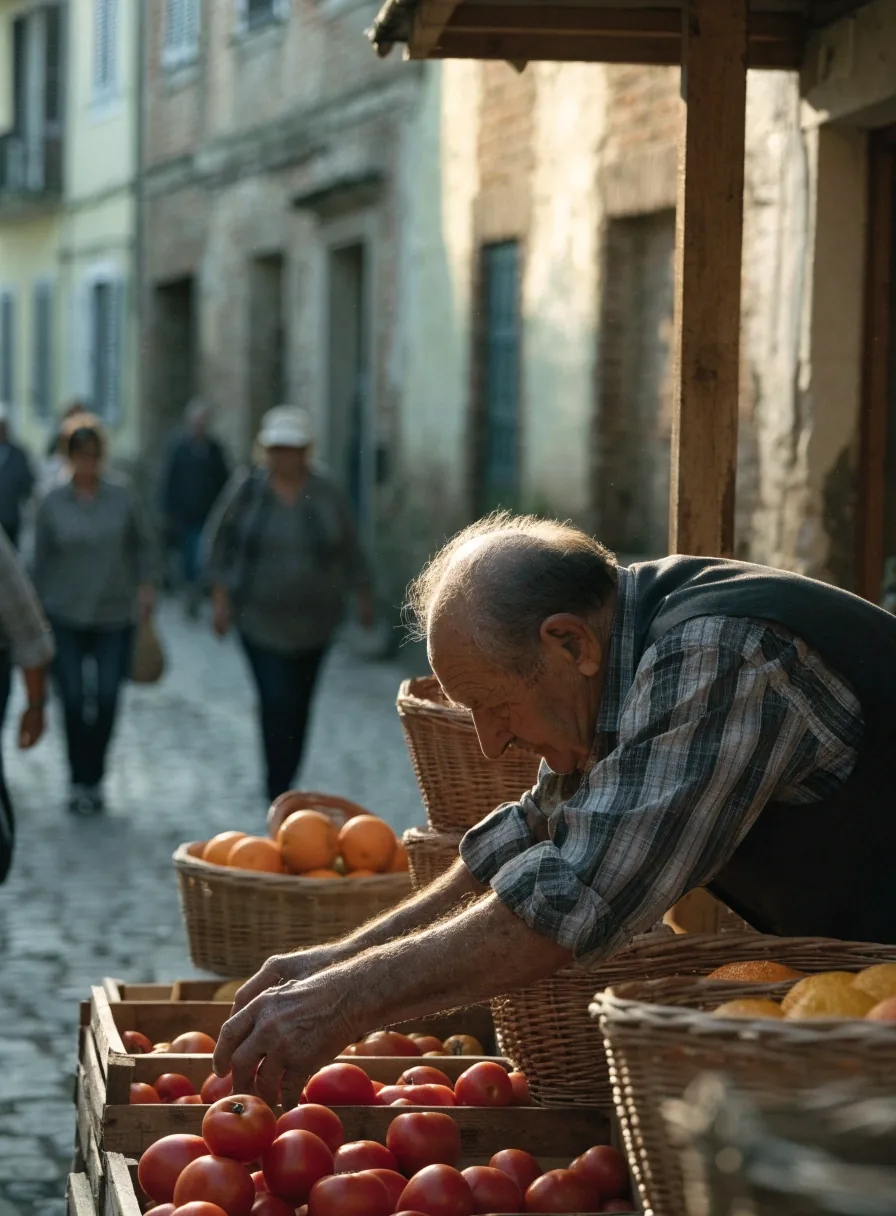Mercado de mañana en una calle provincial española, con puestos de fruta y vecinos transitando