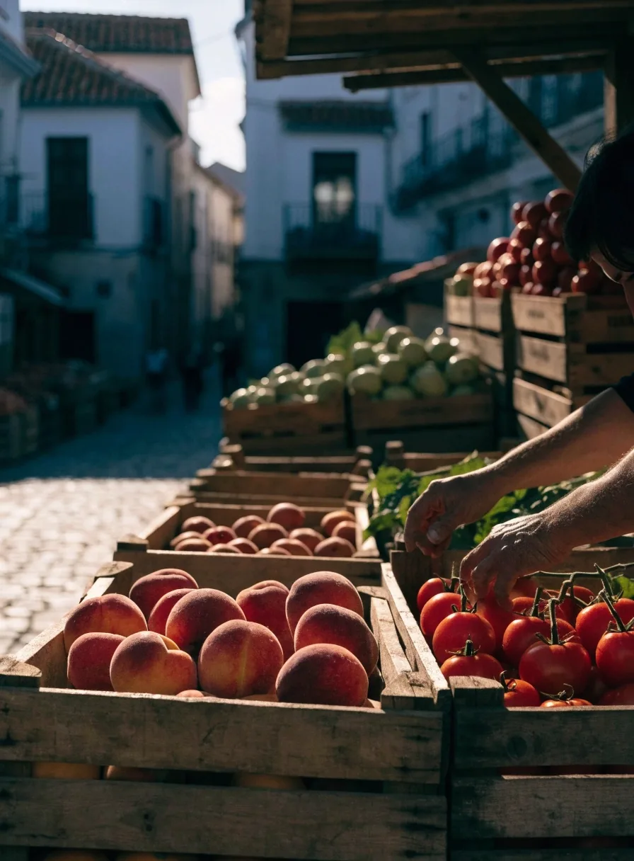 Calle de mercado española a primera hora, con un puesto de fruta y manos trabajando